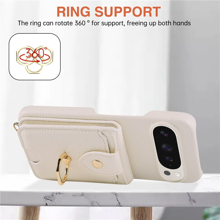 For Google Pixel 9 Pro XL  /  9 Pro Case with Card Holder, Shoulder Strap PC+TPU Ring Kickstand Phone Back Cover - White