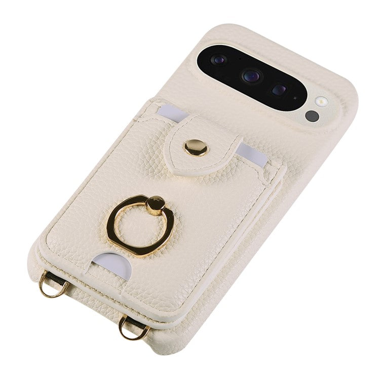For Google Pixel 9 Pro XL  /  9 Pro Case with Card Holder, Shoulder Strap PC+TPU Ring Kickstand Phone Back Cover - White