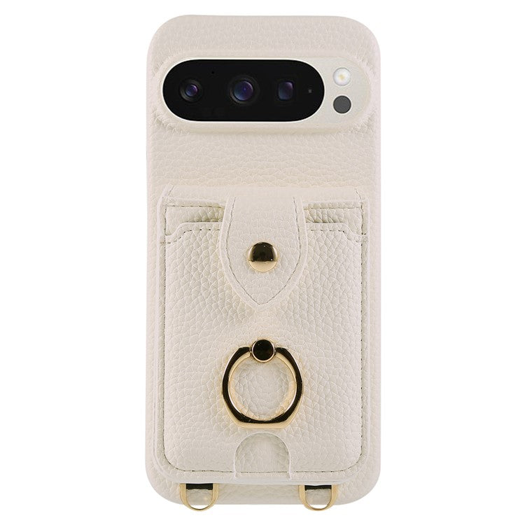 For Google Pixel 9 Pro XL  /  9 Pro Case with Card Holder, Shoulder Strap PC+TPU Ring Kickstand Phone Back Cover - White