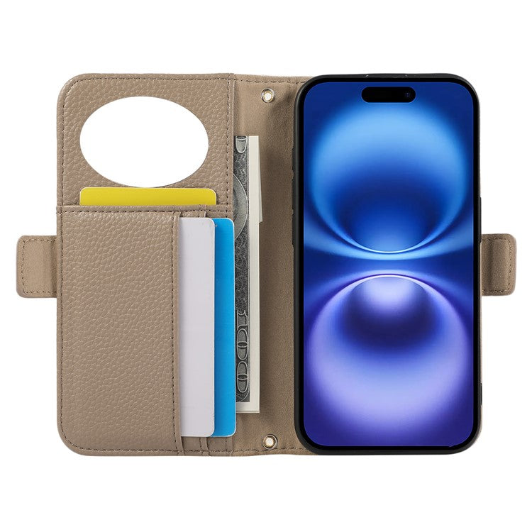 For iPhone 16 Wallet Phone Case Shockproof TPU+PU Leather Flip Cover with Mirror, Strap - Khaki