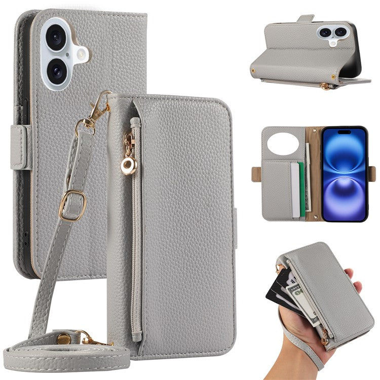 For iPhone 16 Plus Wallet Phone Case Shockproof TPU+PU Leather Flip Cover with Mirror, Strap - Grey Blue