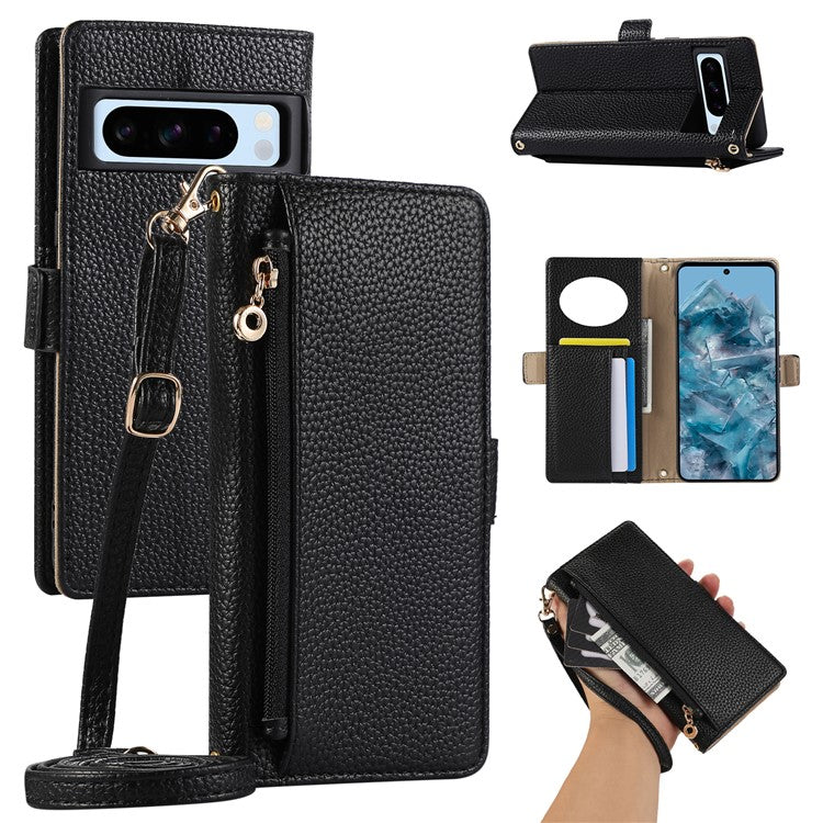 For Google Pixel 8 Pro Wallet Phone Case Shockproof TPU+PU Leather Flip Cover with Mirror, Strap - Black