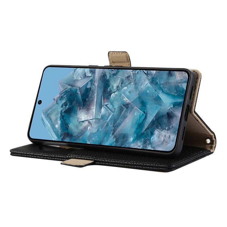 For Google Pixel 8 Pro Wallet Phone Case Shockproof TPU+PU Leather Flip Cover with Mirror, Strap - Black