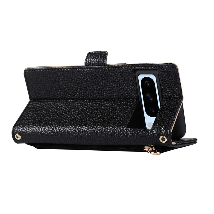 For Google Pixel 8 Pro Wallet Phone Case Shockproof TPU+PU Leather Flip Cover with Mirror, Strap - Black