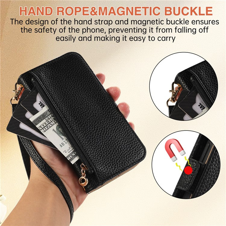 For Google Pixel 8 Pro Wallet Phone Case Shockproof TPU+PU Leather Flip Cover with Mirror, Strap - Black