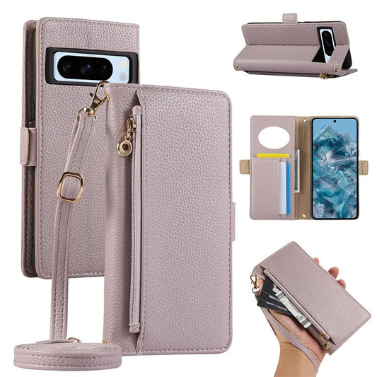 For Google Pixel 8 Pro Wallet Phone Case Shockproof TPU+PU Leather Flip Cover with Mirror, Strap - Purple