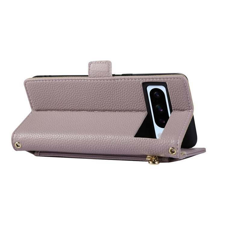 For Google Pixel 8 Pro Wallet Phone Case Shockproof TPU+PU Leather Flip Cover with Mirror, Strap - Purple