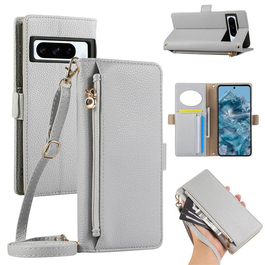 For Google Pixel 8 Pro Wallet Phone Case Shockproof TPU+PU Leather Flip Cover with Mirror, Strap - Grey Blue