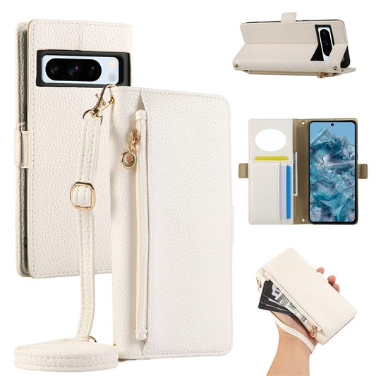 For Google Pixel 8 Pro Wallet Phone Case Shockproof TPU+PU Leather Flip Cover with Mirror, Strap - White