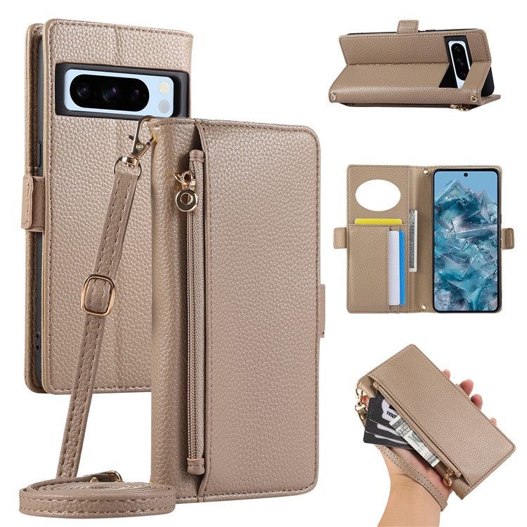 For Google Pixel 8 Pro Wallet Phone Case Shockproof TPU+PU Leather Flip Cover with Mirror, Strap - Khaki