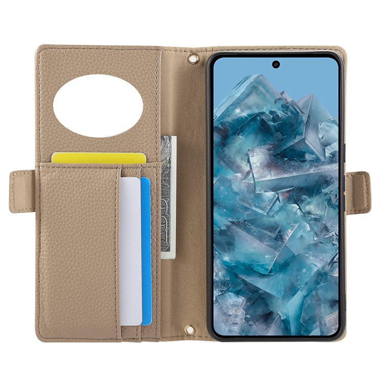 For Google Pixel 8 Pro Wallet Phone Case Shockproof TPU+PU Leather Flip Cover with Mirror, Strap - Khaki