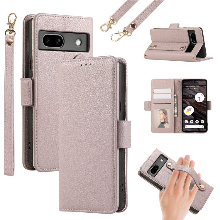 For Google Pixel 7a Leather Case with Card Holder, Straps, Shockproof Wallet Phone Cover - Purple