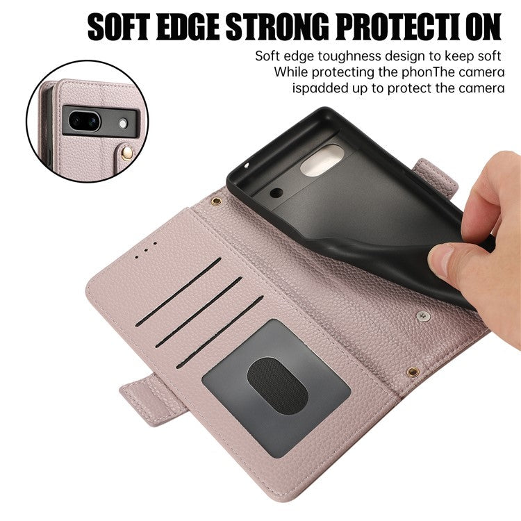 For Google Pixel 7a Leather Case with Card Holder, Straps, Shockproof Wallet Phone Cover - Purple