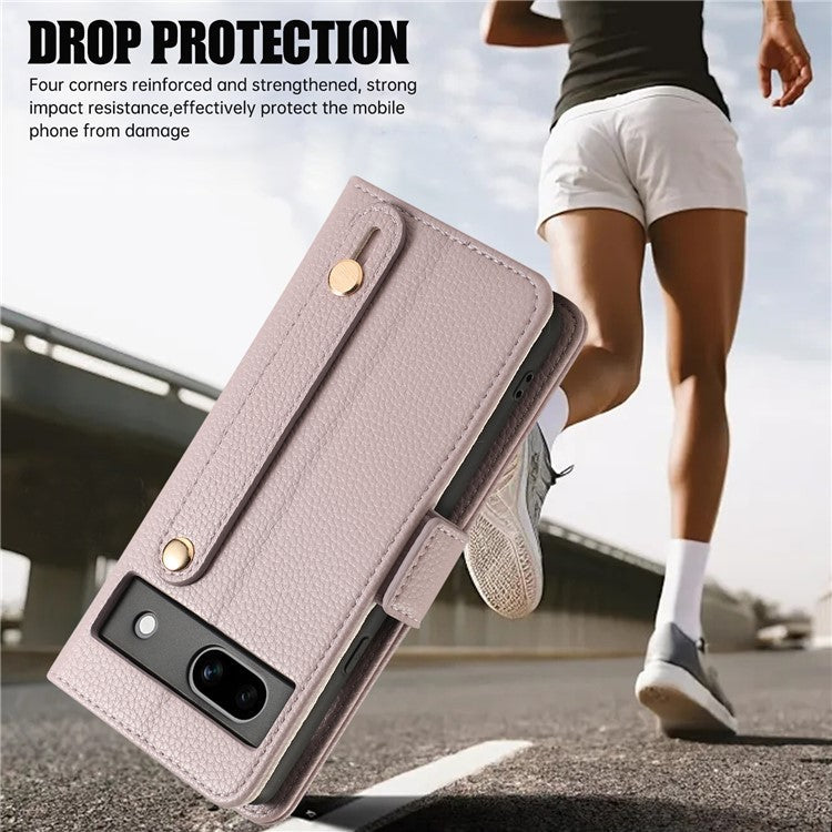For Google Pixel 7a Leather Case with Card Holder, Straps, Shockproof Wallet Phone Cover - Purple