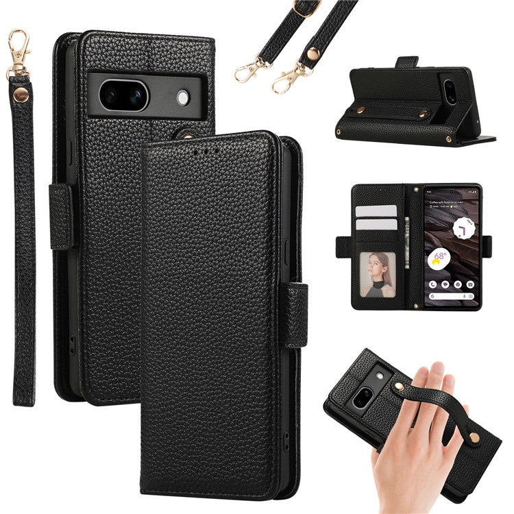 For Google Pixel 7a Leather Case with Card Holder, Straps, Shockproof Wallet Phone Cover - Black