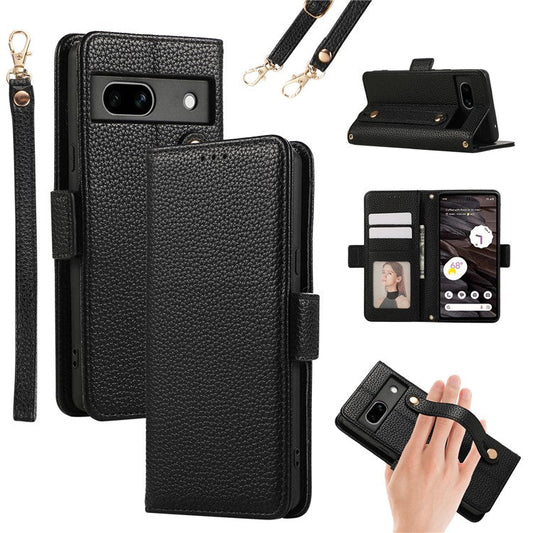 For Google Pixel 7a Leather Case with Card Holder, Straps, Shockproof Wallet Phone Cover - Black