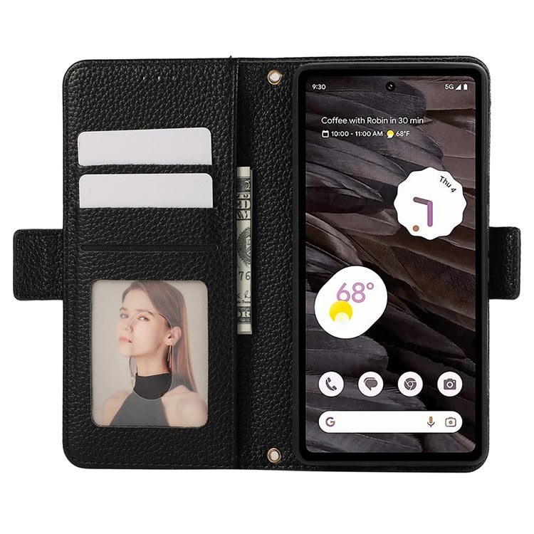 For Google Pixel 7a Leather Case with Card Holder, Straps, Shockproof Wallet Phone Cover - Black