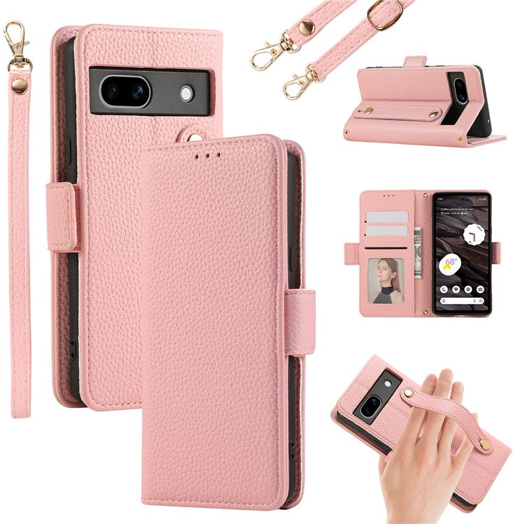For Google Pixel 7a Leather Case with Card Holder, Straps, Shockproof Wallet Phone Cover - Pink