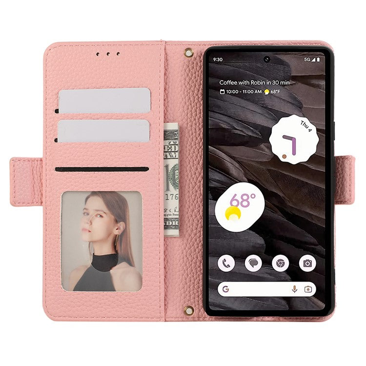 For Google Pixel 7a Leather Case with Card Holder, Straps, Shockproof Wallet Phone Cover - Pink
