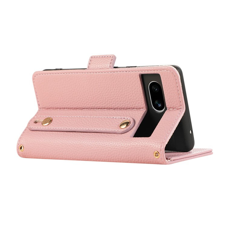 For Google Pixel 7a Leather Case with Card Holder, Straps, Shockproof Wallet Phone Cover - Pink
