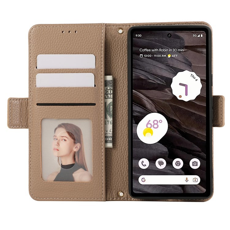 For Google Pixel 7a Leather Case with Card Holder, Straps, Shockproof Wallet Phone Cover - Khaki