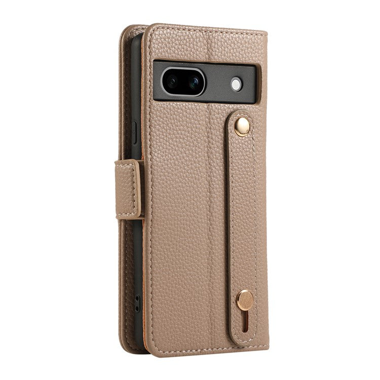 For Google Pixel 7a Leather Case with Card Holder, Straps, Shockproof Wallet Phone Cover - Khaki