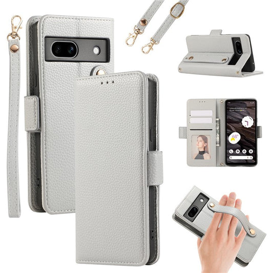 For Google Pixel 7a Leather Case with Card Holder, Straps, Shockproof Wallet Phone Cover - Grey Blue