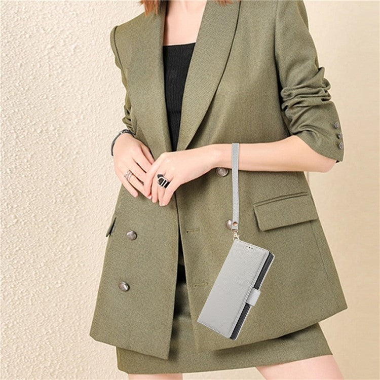 For Google Pixel 7a Leather Case with Card Holder, Straps, Shockproof Wallet Phone Cover - Grey Blue