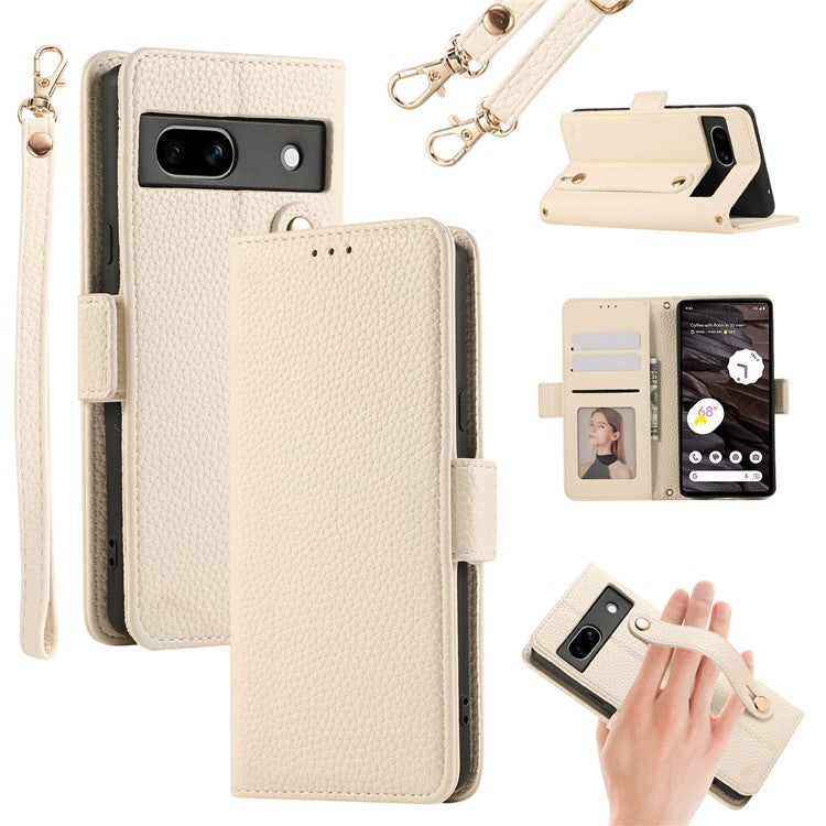 For Google Pixel 7a Leather Case with Card Holder, Straps, Shockproof Wallet Phone Cover - Beige
