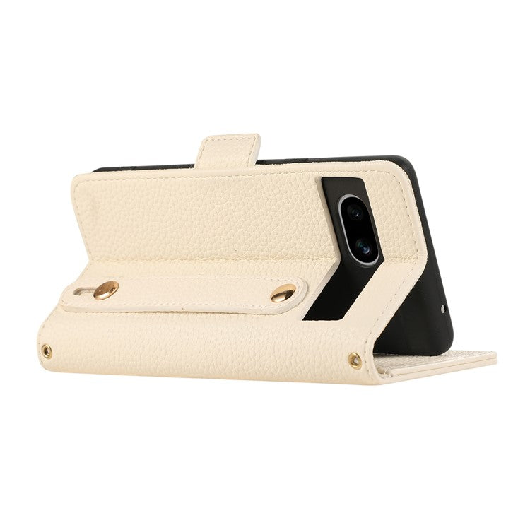 For Google Pixel 7a Leather Case with Card Holder, Straps, Shockproof Wallet Phone Cover - Beige