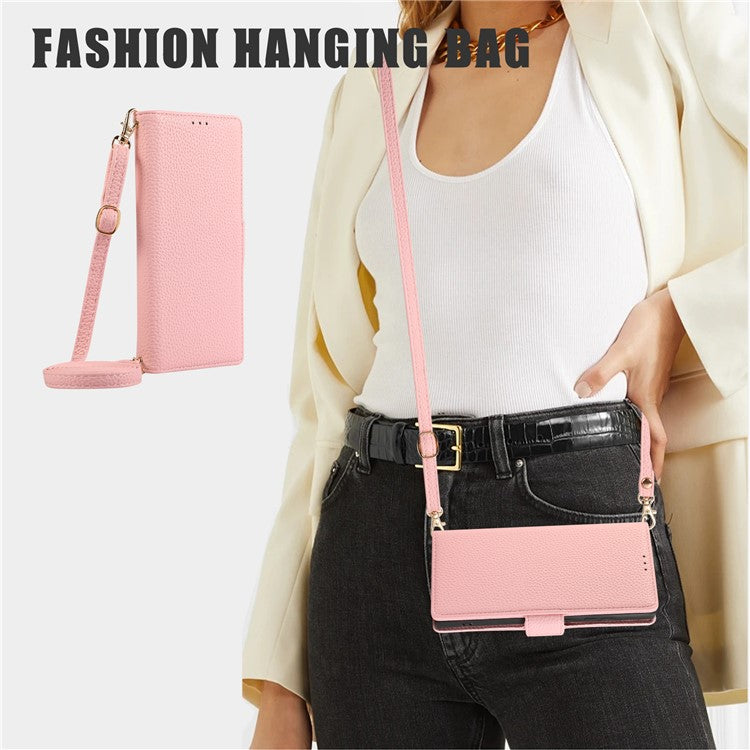 For iPhone 16 Leather Case with Card Holder, Straps, Shockproof Wallet Phone Cover - Pink