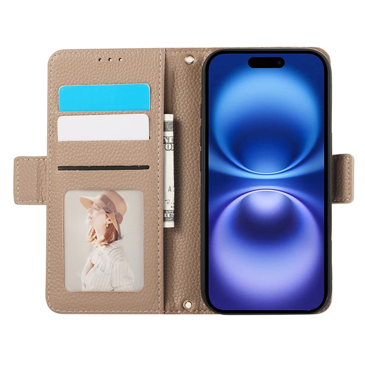 For iPhone 16 Plus Leather Case with Card Holder, Straps, Shockproof Wallet Phone Cover - Khaki