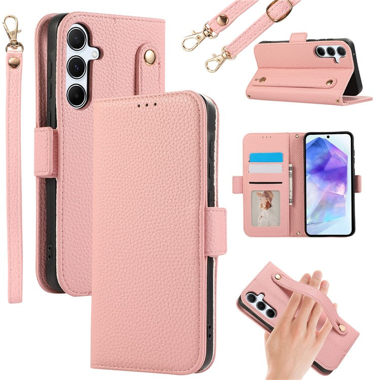 For Samsung Galaxy S24+ Leather Case with Card Holder, Straps, Shockproof Wallet Phone Cover - Pink