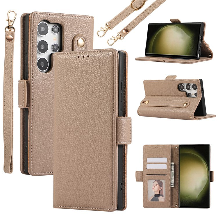 For Samsung Galaxy S24 Ultra Leather Case with Card Holder, Straps, Shockproof Wallet Phone Cover - Khaki