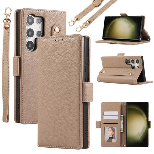 For Samsung Galaxy S24 Ultra Leather Case with Card Holder, Straps, Shockproof Wallet Phone Cover - Khaki