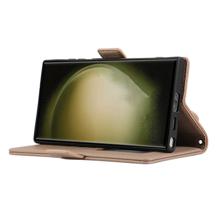 For Samsung Galaxy S24 Ultra Leather Case with Card Holder, Straps, Shockproof Wallet Phone Cover - Khaki