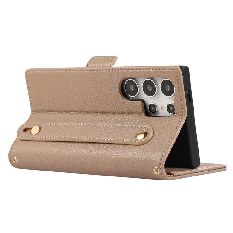For Samsung Galaxy S24 Ultra Leather Case with Card Holder, Straps, Shockproof Wallet Phone Cover - Khaki