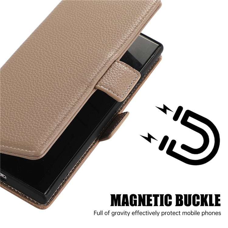 For Samsung Galaxy S24 Ultra Leather Case with Card Holder, Straps, Shockproof Wallet Phone Cover - Khaki