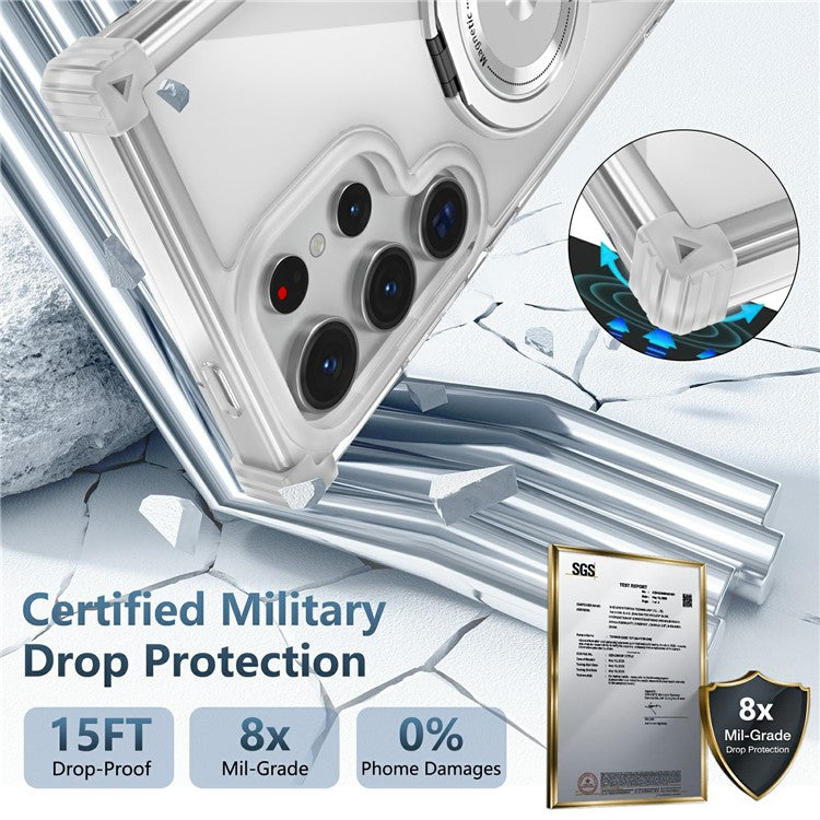 For Samsung Galaxy S25 Ultra Case Compatible with MagSafe Rotating Kickstand PC+TPU Back Cover - Transparent