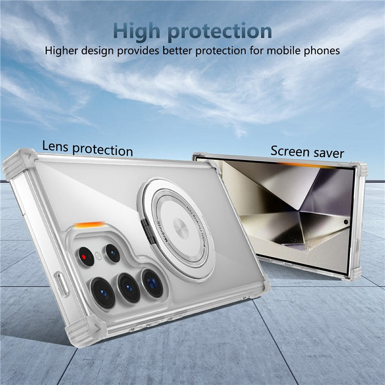 For Samsung Galaxy S25 Ultra Case Compatible with MagSafe Rotating Kickstand PC+TPU Back Cover - Transparent