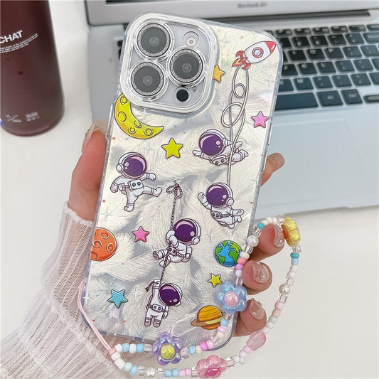 For iPhone 16 Pro Case IMD Cartoon PC+TPU Back Cover with Glass Lens Film, Beaded Strap - MK4