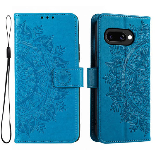 For Google Pixel 9a Case Imprinted Totem PU Leather Wallet Stand Phone Cover - Blue