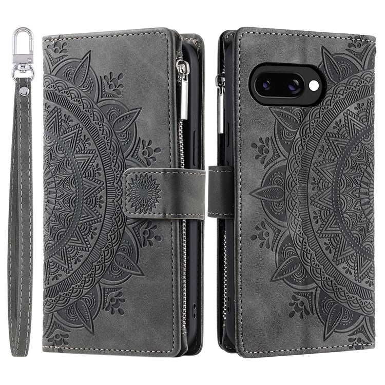 Style 006 For Google Pixel 9a Phone Case Mandala Flower Pattern PU Leather Zipper Wallet Stand Cover - Grey