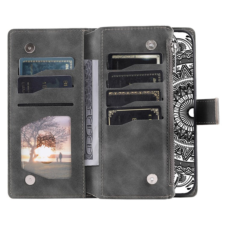 Style 006 For Google Pixel 9a Phone Case Mandala Flower Pattern PU Leather Zipper Wallet Stand Cover - Grey