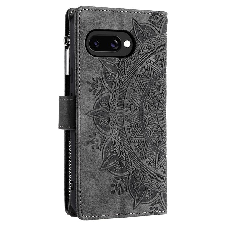 Style 006 For Google Pixel 9a Phone Case Mandala Flower Pattern PU Leather Zipper Wallet Stand Cover - Grey