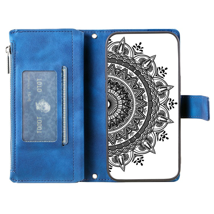 Style 006 For Google Pixel 9a Phone Case Mandala Flower Pattern PU Leather Zipper Wallet Stand Cover - Blue