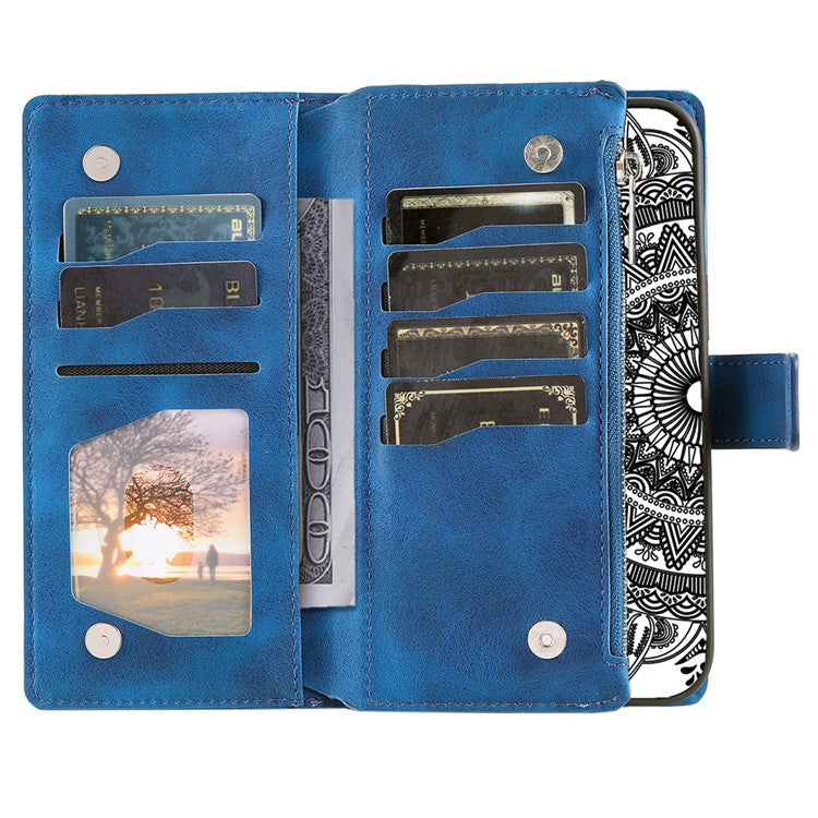 Style 006 For Google Pixel 9a Phone Case Mandala Flower Pattern PU Leather Zipper Wallet Stand Cover - Blue