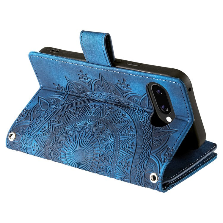 Style 006 For Google Pixel 9a Phone Case Mandala Flower Pattern PU Leather Zipper Wallet Stand Cover - Blue