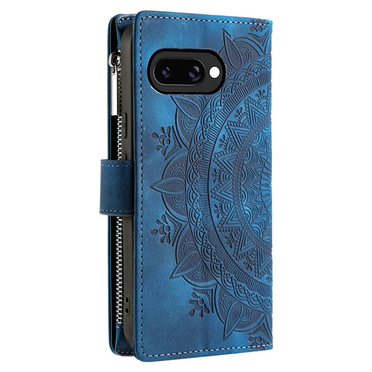 Style 006 For Google Pixel 9a Phone Case Mandala Flower Pattern PU Leather Zipper Wallet Stand Cover - Blue