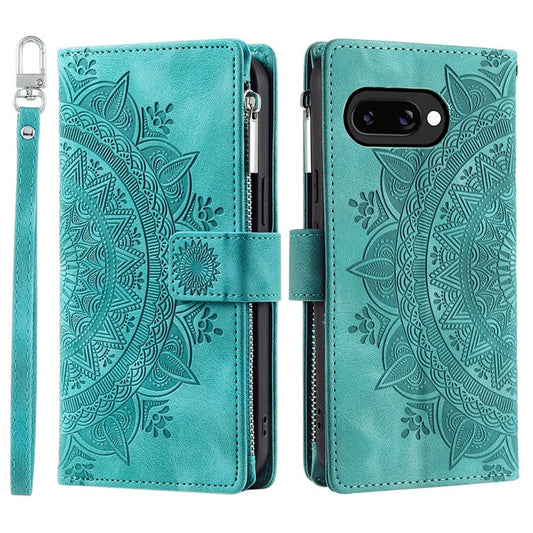 Style 006 For Google Pixel 9a Phone Case Mandala Flower Pattern PU Leather Zipper Wallet Stand Cover - Mint Green